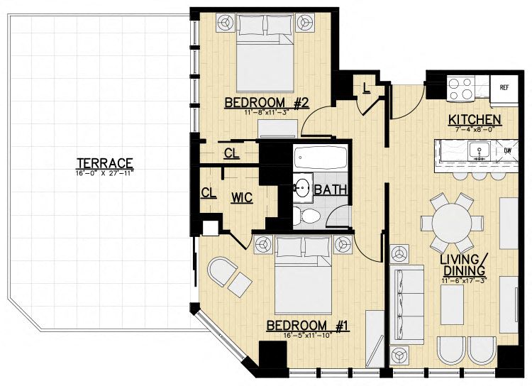 Floor plan for 2 beds, 1 bath, 820 sqft